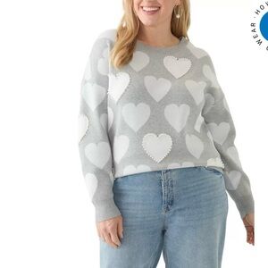 Crown & Ivy Womens Size S Pearl Heart Print Grey Crewneck Sweater